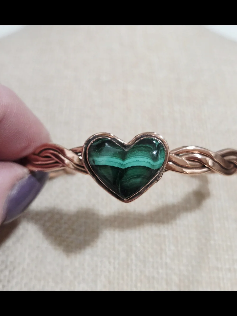 Solid Copper Stone Genuine Malachite Heart Bracelet - - Picture 4 of 5